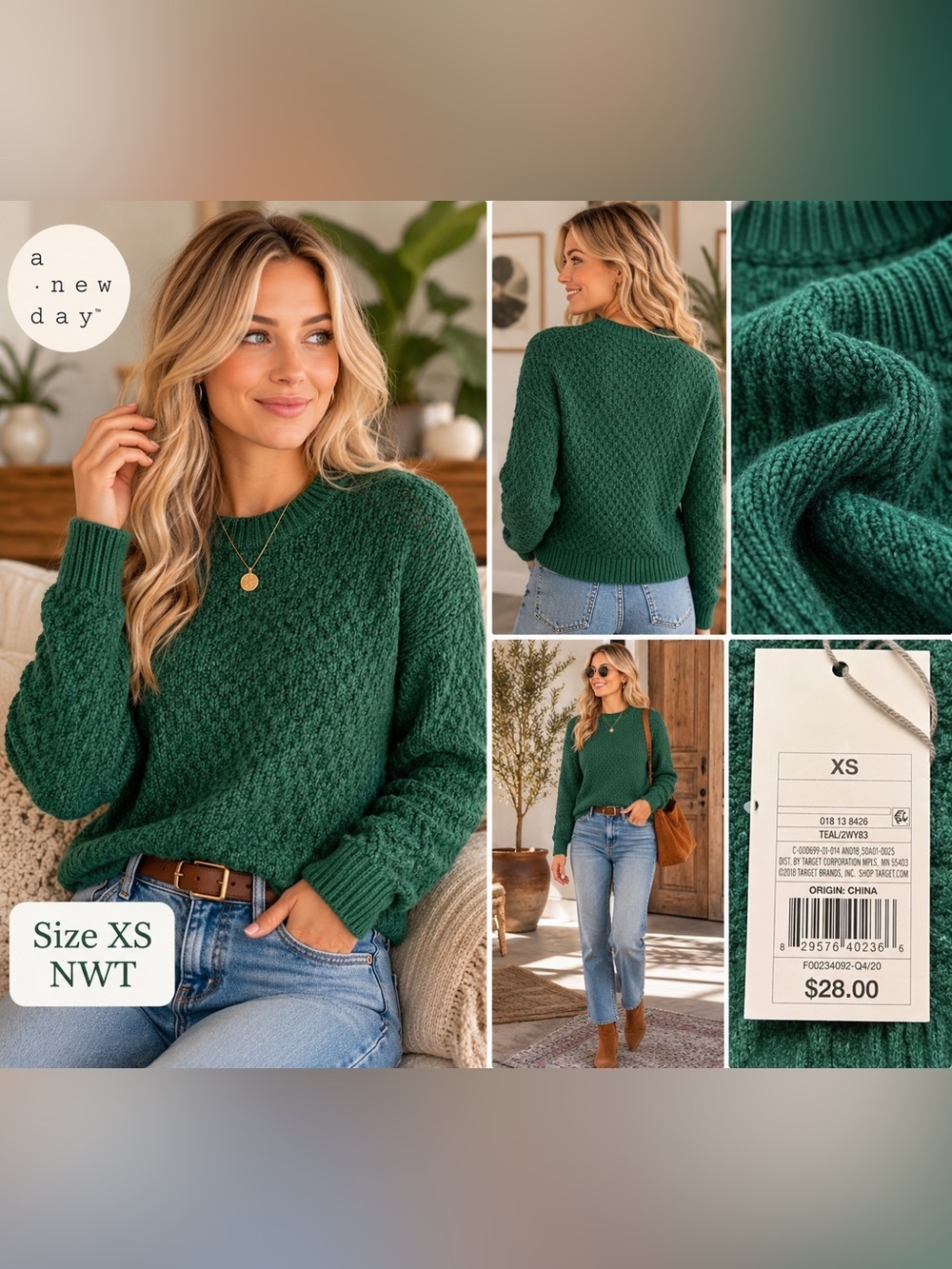 A New Day Women’s Green Crewneck Cable Stitch Pullover Sweater Size XS NWT